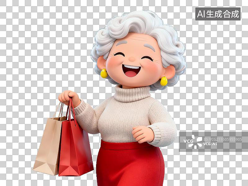 【AI数字艺术】老年女性提购物袋微笑图片素材