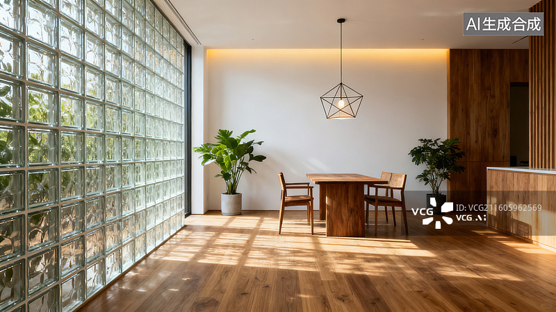 【AI数字艺术】现代简约的玻璃砖墙隔断餐厅空间图片素材