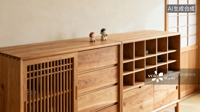 【AI数字艺术】日式简约的木质柜小摆件和室空间图片素材