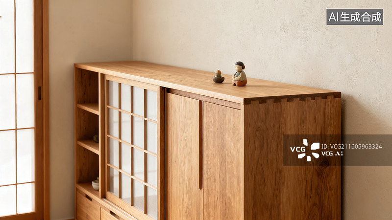 【AI数字艺术】日式简约的木质柜小摆件和室空间图片素材
