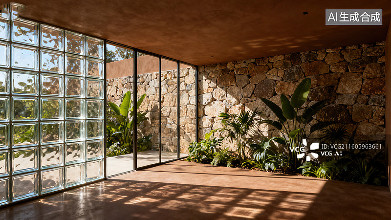 【AI数字艺术】通透自然的玻璃砖墙石墙绿植光影场景图片素材