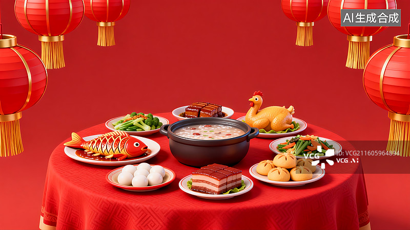 【AI数字艺术】3D 国潮年夜饭素材图片素材