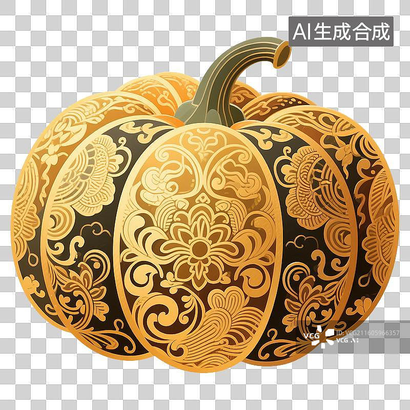 【AI数字艺术】中国风手绘插画，南瓜，金色，植物，免抠元素图片素材