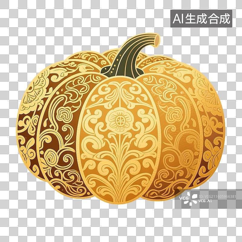 【AI数字艺术】中国风手绘插画，南瓜，金色，植物，免抠元素图片素材