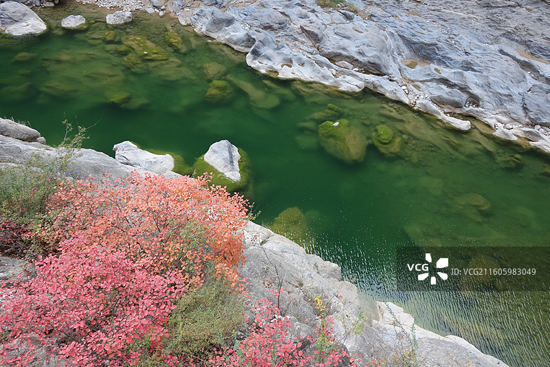 陕西省咸阳市泾阳县郑国渠泾河大峡谷：五彩滩碧水红叶图片素材