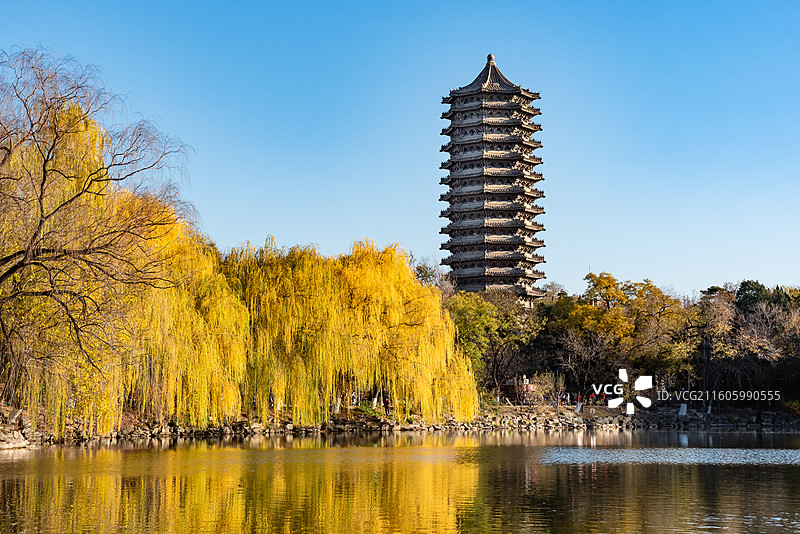 燕园风景：秋天北京大学未名湖博雅塔湖光塔影图片素材