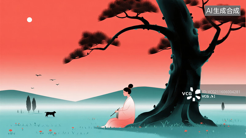 【AI数字艺术】月下树下女子静坐图片素材