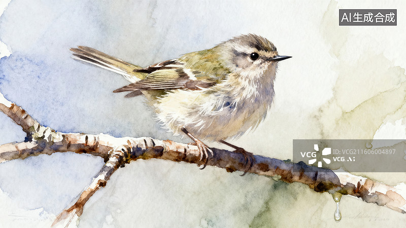 【AI数字艺术】水彩画中的小鸟栖息枝头图片素材
