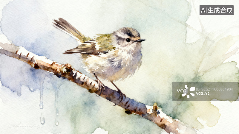 【AI数字艺术】水彩画中的小鸟栖息枝头图片素材