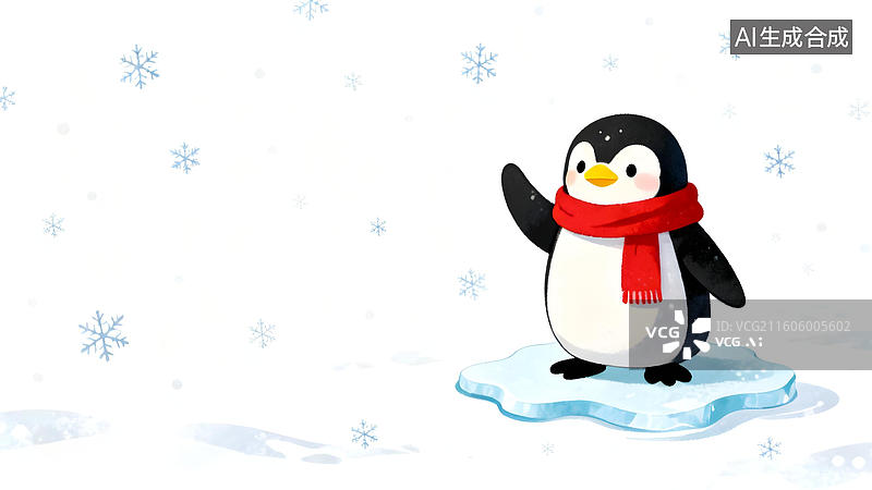 【AI数字艺术】戴围巾的企鹅站在冰块上图片素材