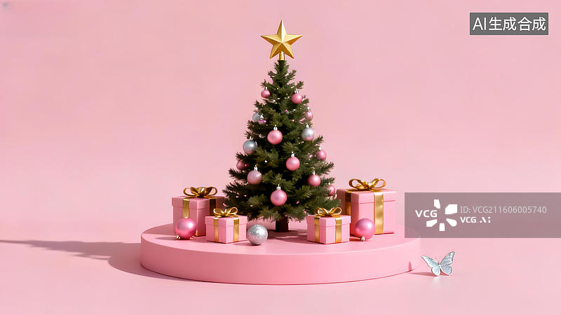 【AI数字艺术】粉色背景下的圣诞树与礼物图片素材