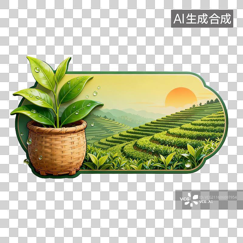 【AI数字艺术】晨曦中的茶园梯田与竹篮绿植图片素材