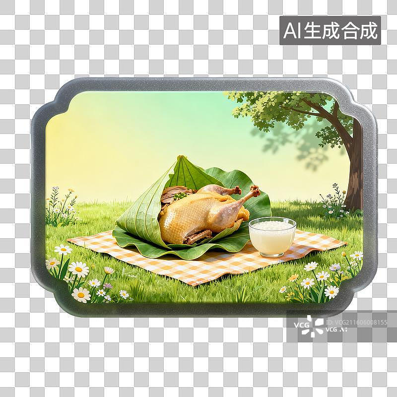 【AI数字艺术】户外野餐风荷叶包禽肉与饮品摆盘图片素材