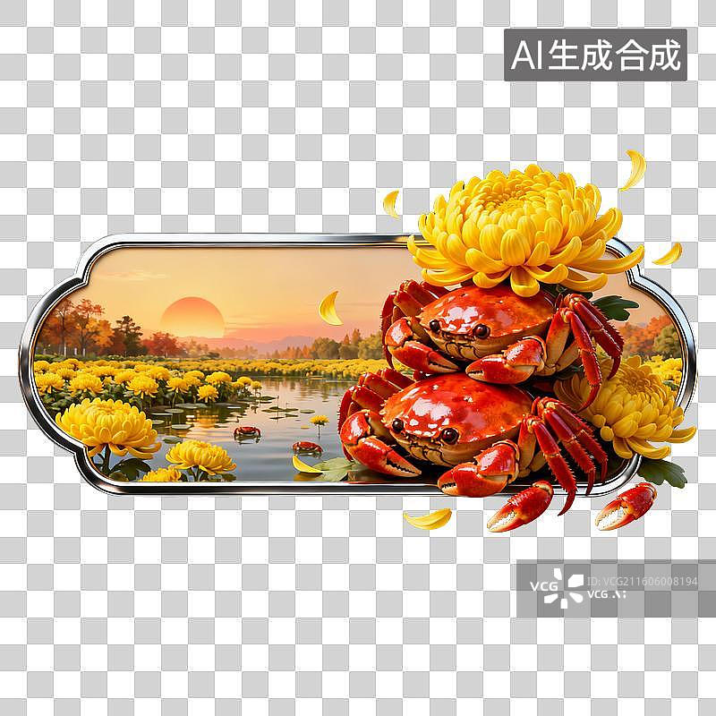 【AI数字艺术】秋日菊蟹池塘日落美景图片素材