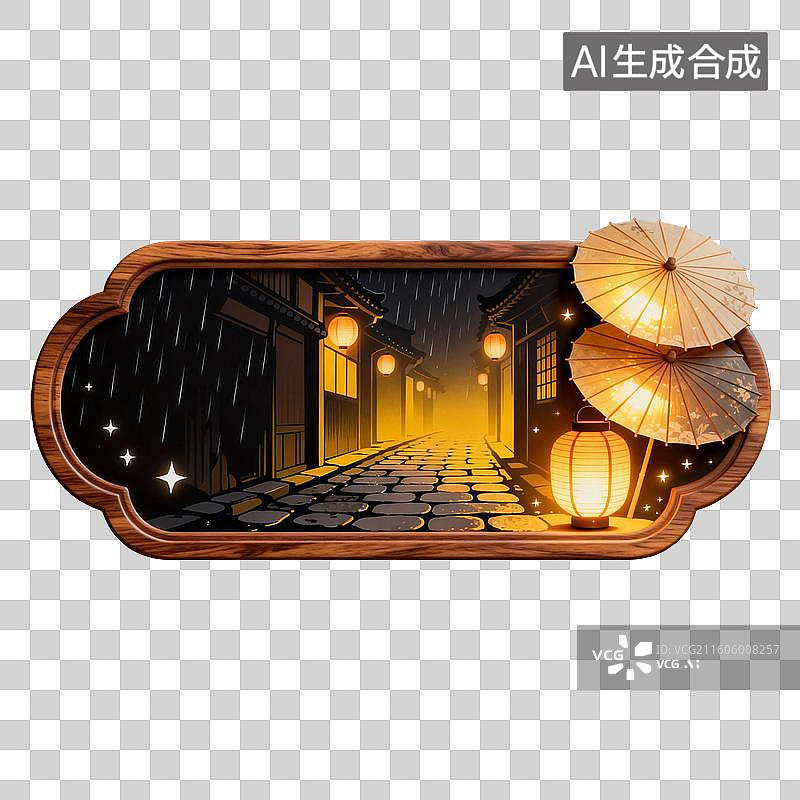 【AI数字艺术】雨夜古街木质边框插画图片素材