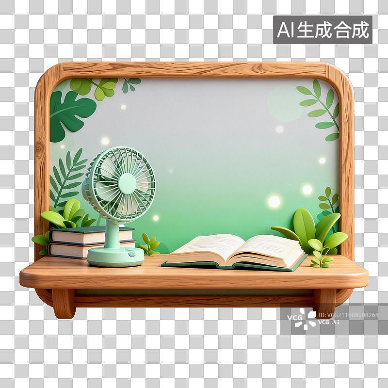 【AI数字艺术】木质置物架上的小风扇、书籍与绿植装饰图片素材