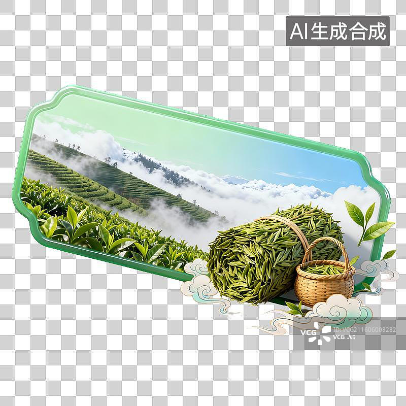 【AI数字艺术】茶园风光与茶叶竹篮装饰插画图片素材