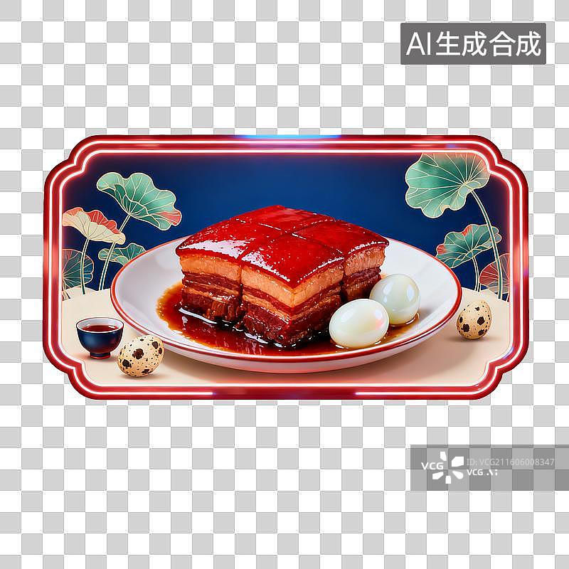 【AI数字艺术】霓虹边框装饰的东坡肉美食摆盘图片素材