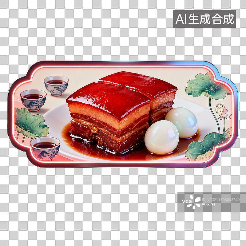 【AI数字艺术】精致摆盘的东坡肉、卤蛋与茶饮（荷花图案餐盘）图片素材