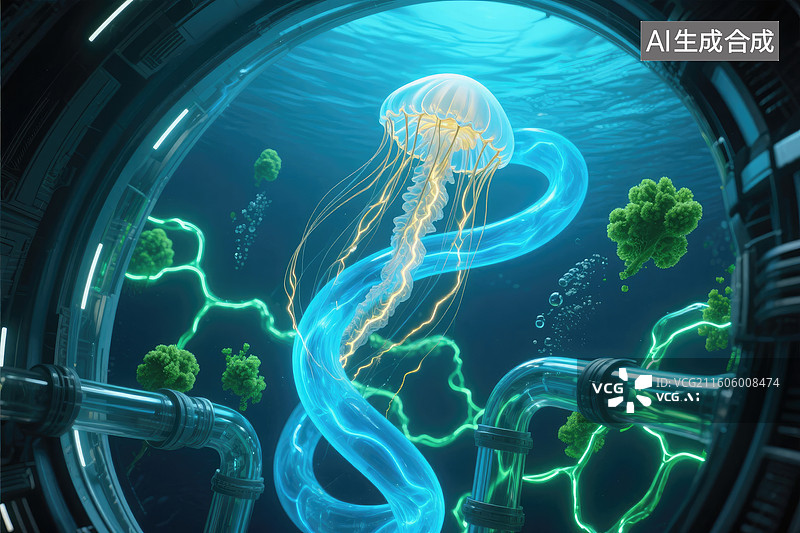 【AI数字艺术】水下科技感水母景观图片素材