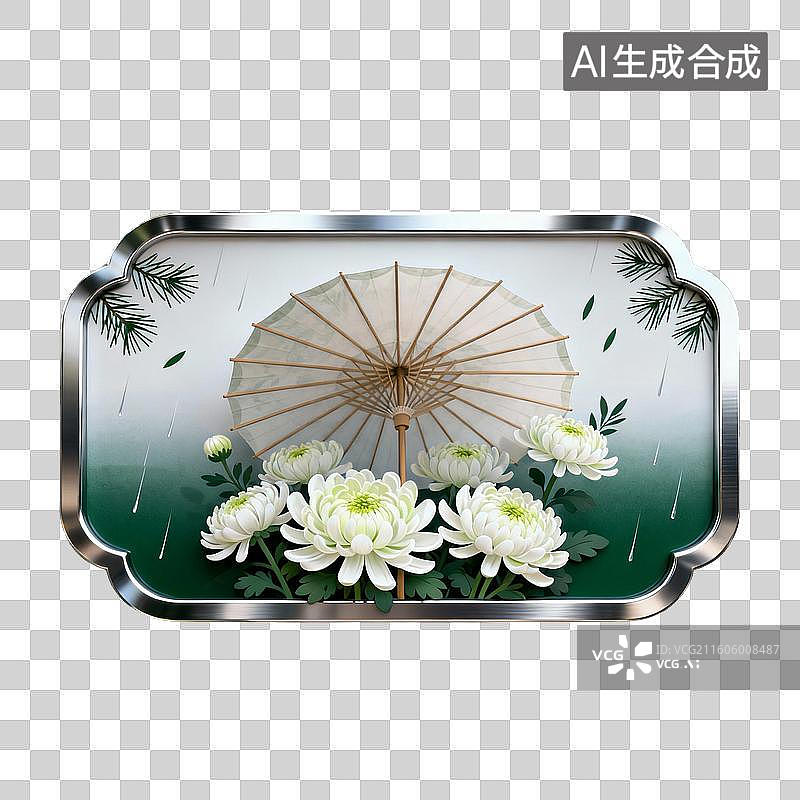 【AI数字艺术】雨中白菊与油纸伞的古风装饰画图片素材