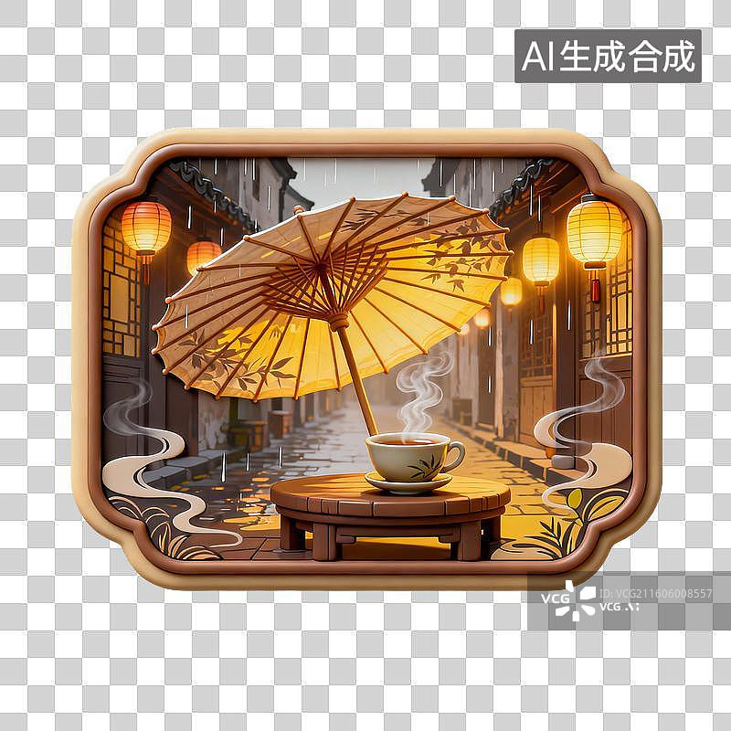 【AI数字艺术】雨夜古巷茶与伞图片素材