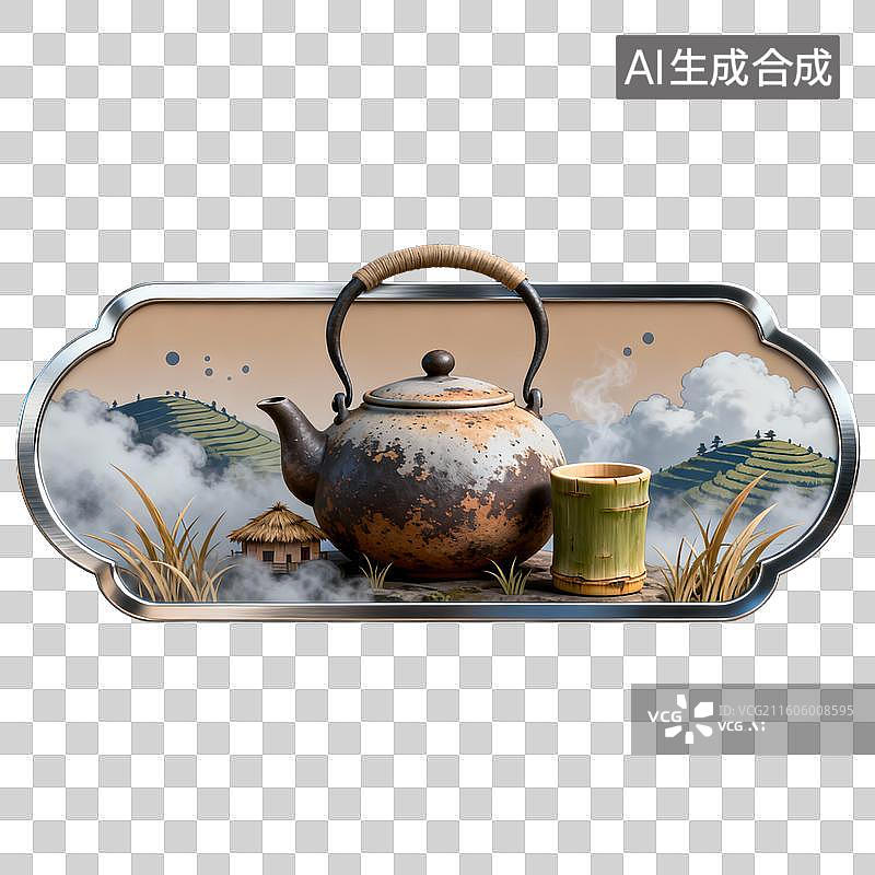 【AI数字艺术】复古茶壶竹杯与田园梯田云雾景观图片素材