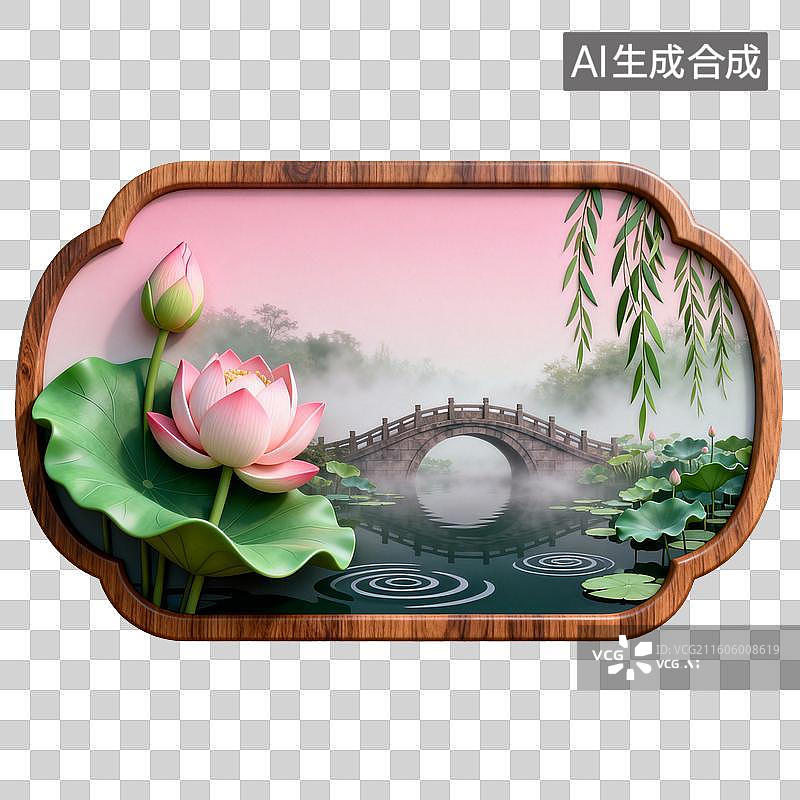 【AI数字艺术】中式木框里的荷塘拱桥春景图片素材