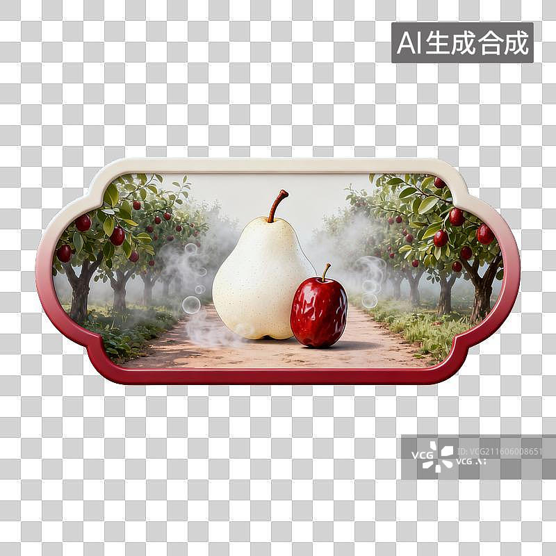 【AI数字艺术】中式边框内的梨、枣与枣林小路图片素材
