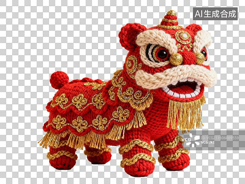 【AI数字艺术】中国节日 年俗 红色钩针编织舞狮玩偶图片素材