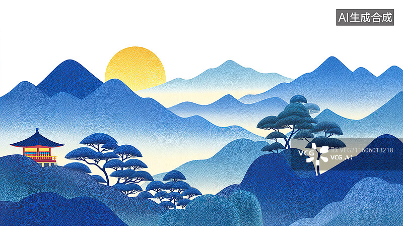 【AI数字艺术】克莱因蓝国风山水凉亭夕阳风景插画图片素材