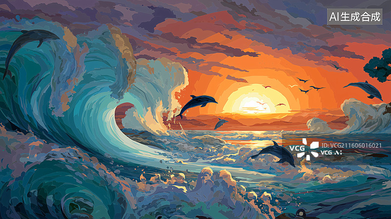 【AI数字艺术】海豚跳过海面冲浪逐浪插画图片素材