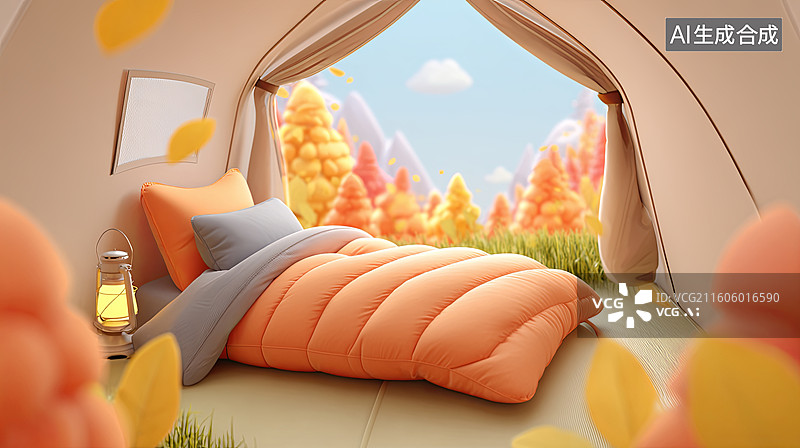 【AI数字艺术】帐篷内的秋日露营场景图片素材