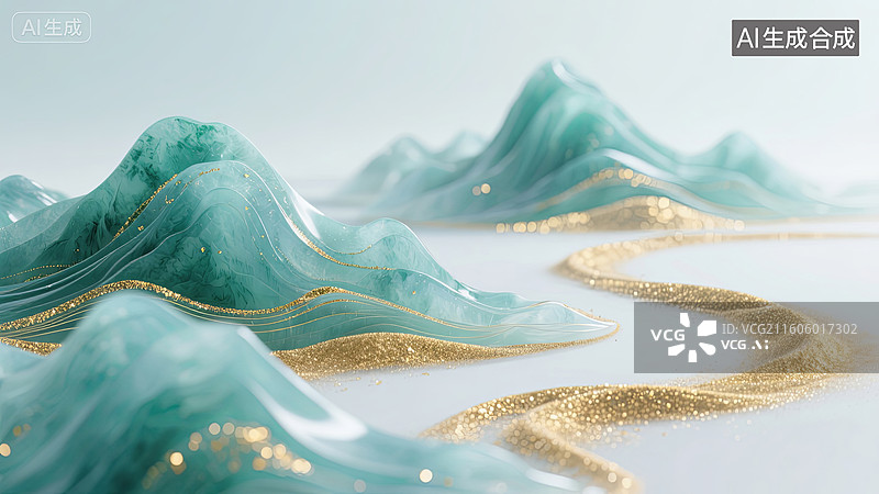 【AI数字艺术】青绿山峦与金色溪流图片素材