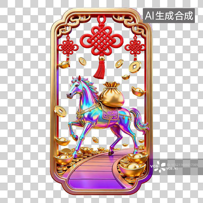 【AI数字艺术】炫彩骏马驮财袋 伴中国结金元宝招财图图片素材