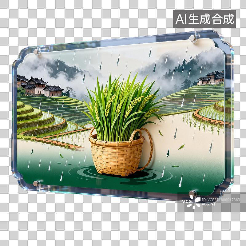 【AI数字艺术】雨中梯田稻穗竹篮乡村风景插画图片素材