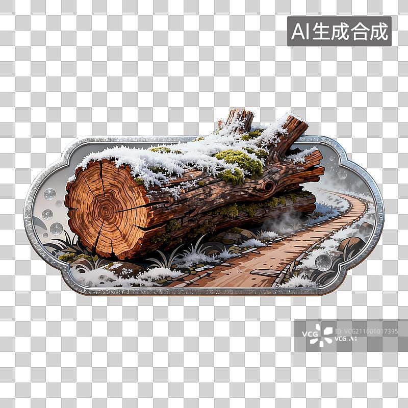 【AI数字艺术】积雪覆盖的原木与苔藓小径装饰徽章图片素材