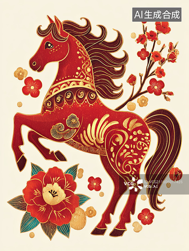 【AI数字艺术】红色骏马与梅花图案图片素材