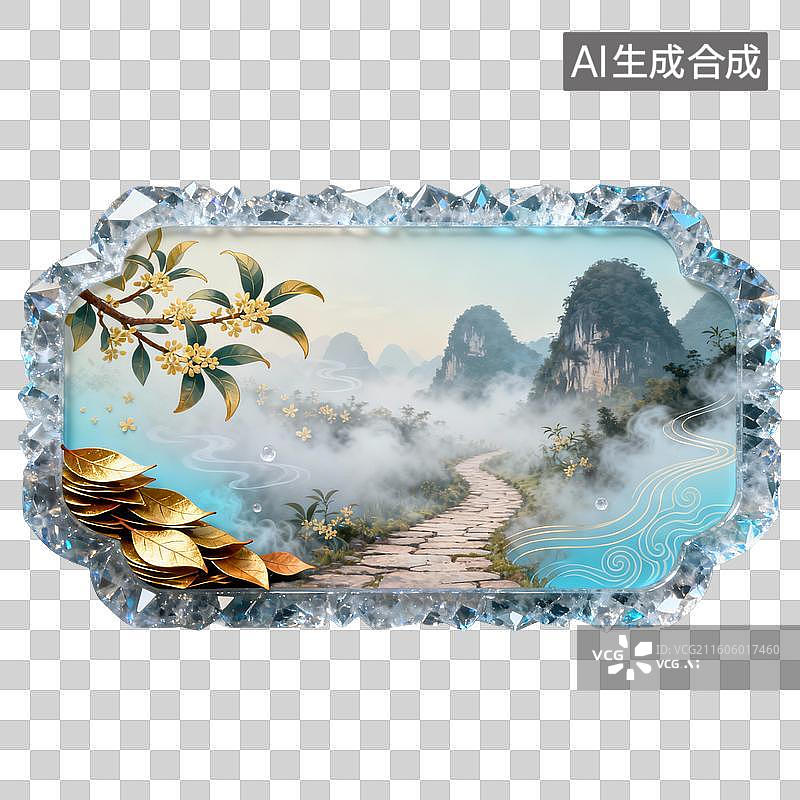 【AI数字艺术】水晶边框梦幻山水财运装饰画图片素材