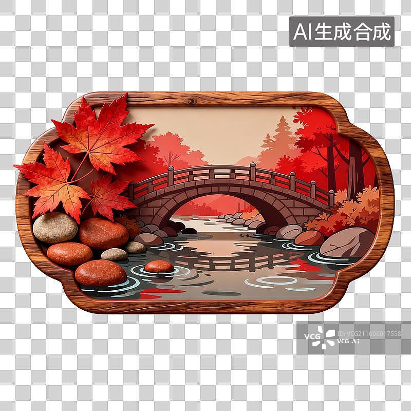 【AI数字艺术】秋日石桥溪流插画图片素材