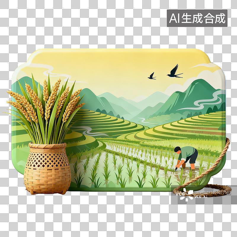 【AI数字艺术】田园农耕插秧稻穗竹篮山水梯田飞鸟插画图片素材