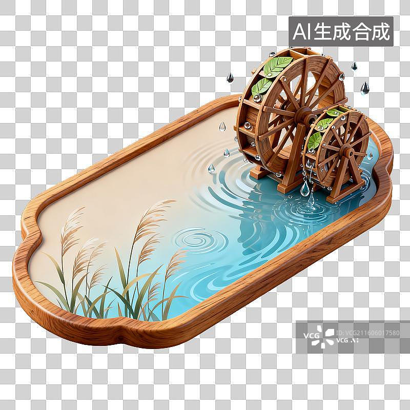 【AI数字艺术】木质托盘水景中的双水车与芦苇图片素材