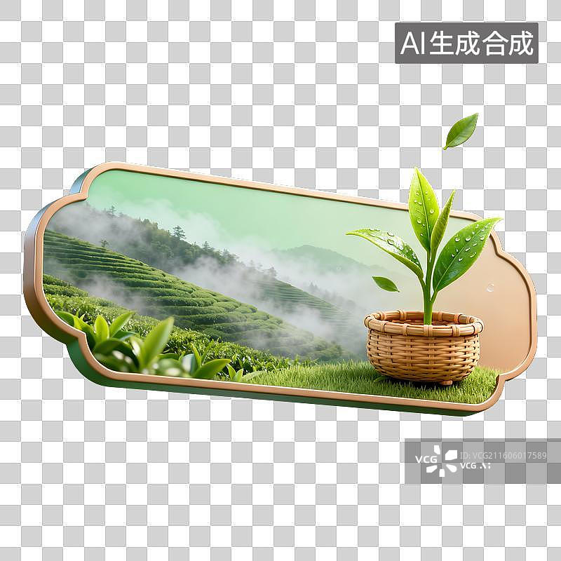 【AI数字艺术】茶田云雾景观与竹篮茶苗装饰图片素材