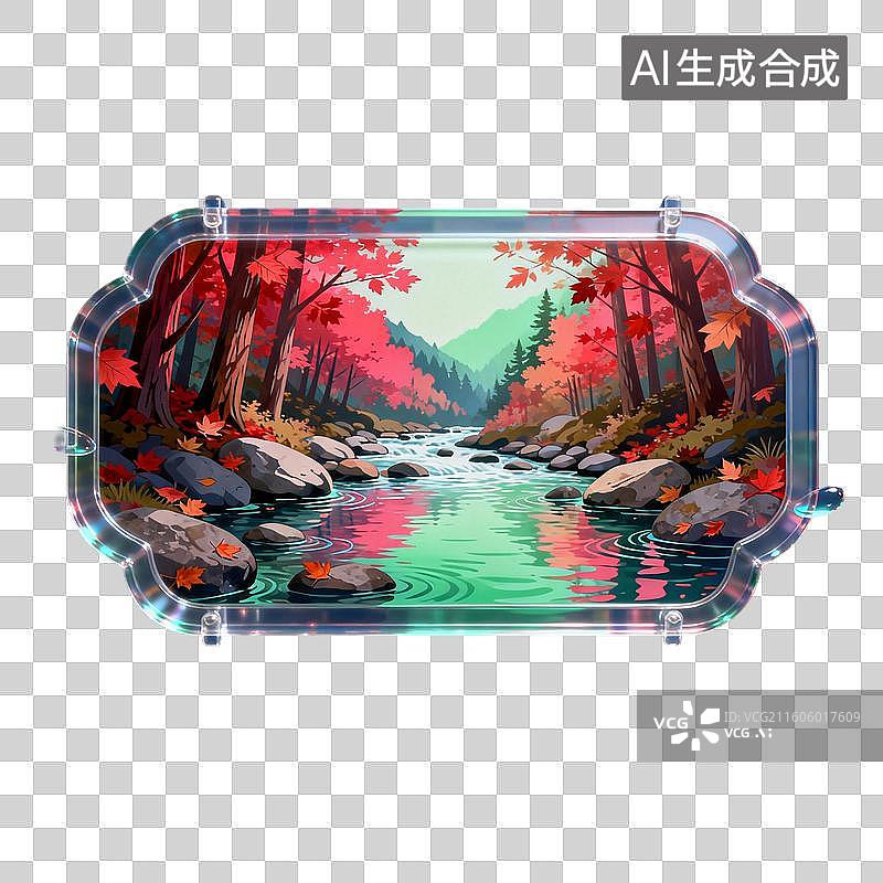 【AI数字艺术】透明框中的秋日林间溪流景观图片素材