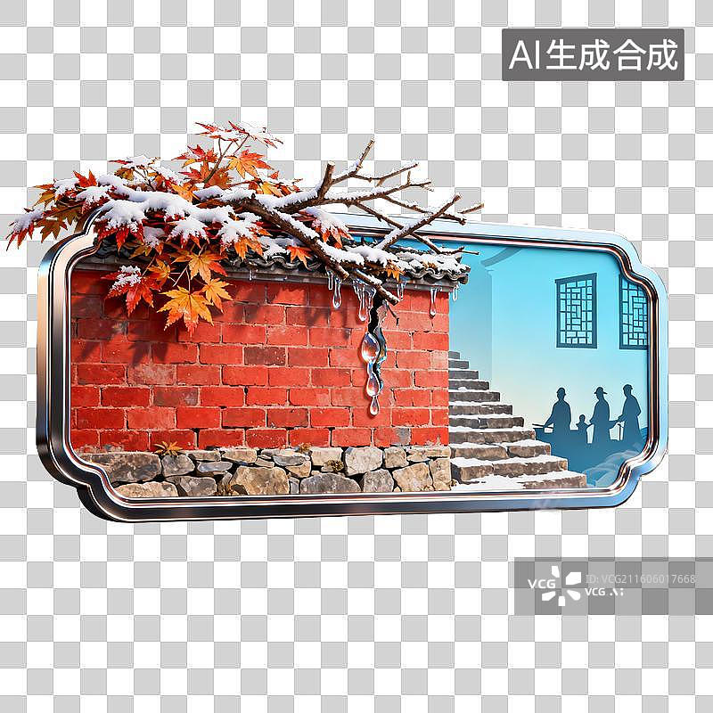 【AI数字艺术】冬雪红墙枫叶与古院生活剪影图片素材