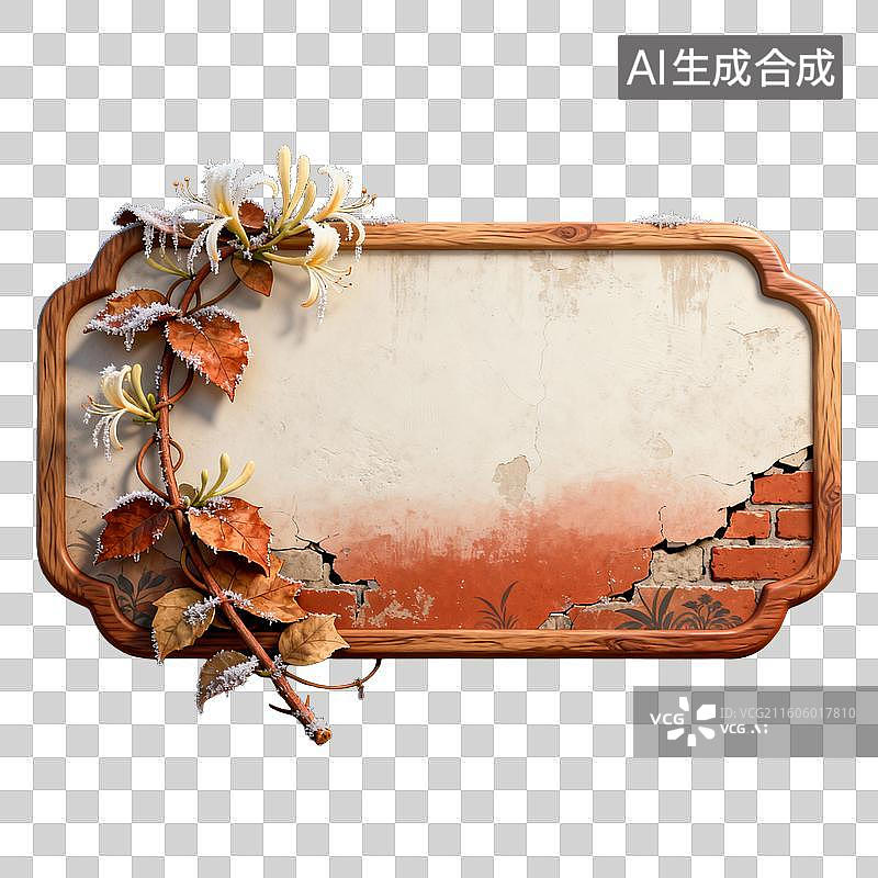 【AI数字艺术】带霜花叶装饰的复古木质边框图片素材