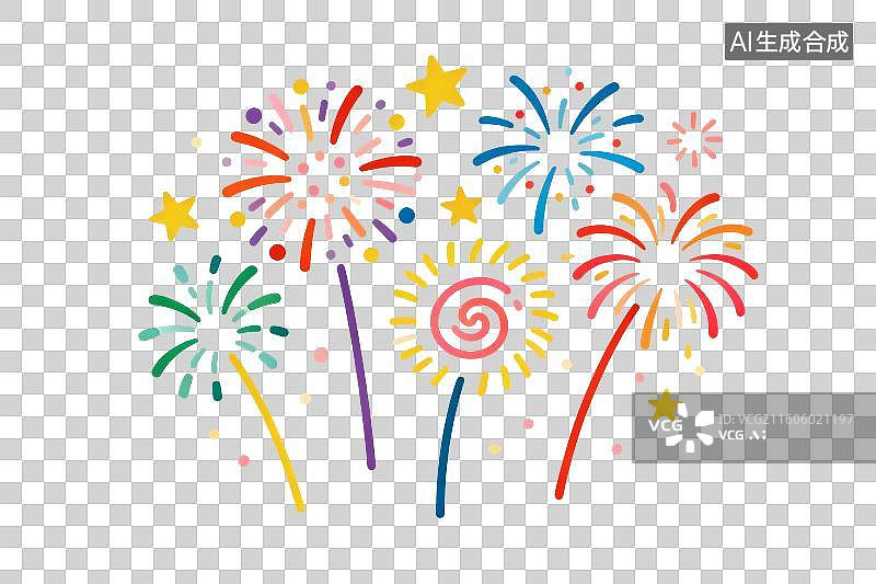 【AI数字艺术】卡通风格，空中燃放的烟花PNG格式的免扣元素图片素材