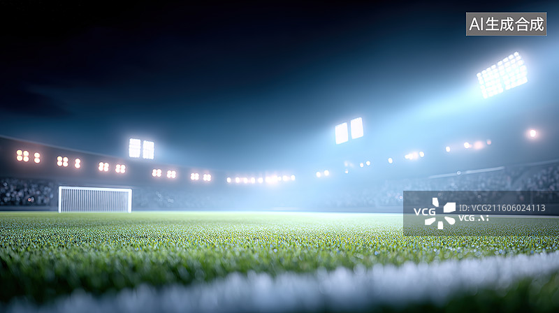【AI数字艺术】夜晚空旷的足球场和绿色的草坪图片素材
