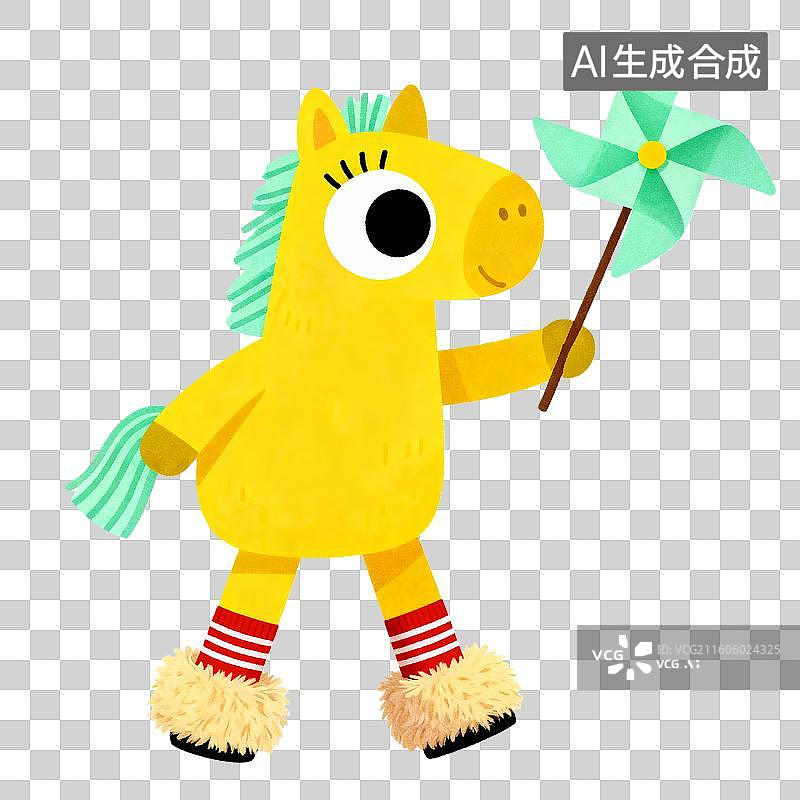 【AI数字艺术】2d卡通马年春节小马拿着小风车图片素材