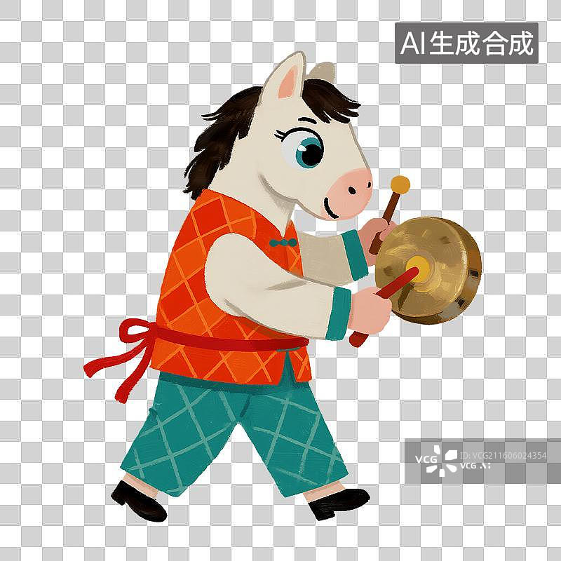【AI数字艺术】2d卡通马年春节小马敲着锣鼓图片素材